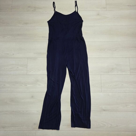 Womens Wide-Leg Jumpsuit Medium Blue Romper Spaghetti Strap Pallazo Navy - Picture 1 of 7